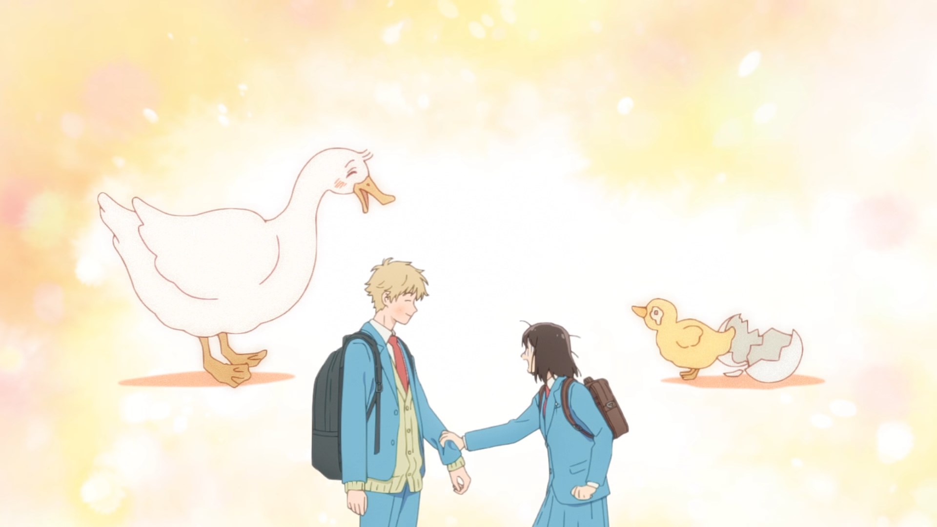 Friendly Shima meeting a lost Mitsuki who imprints on him like a duckling on its mother as pictured in the background